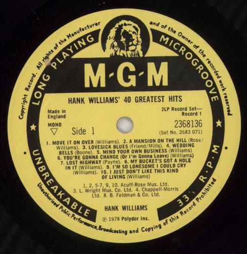 Hank Williams 40 Greatest Hits - yellow label UK 2-LP vinyl